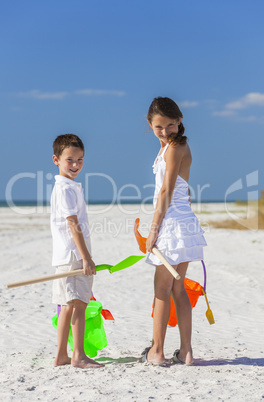 Children, Boy Girl Brother and Sister Playing on Beach