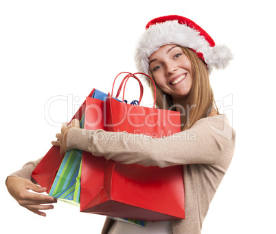Christmas smiling girl, young woman in santa hat