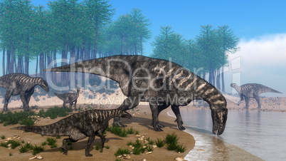 Iguanodon dinosaurs herd at the shoreline - 3D render