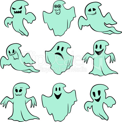 Set of nine blue flying ghosts