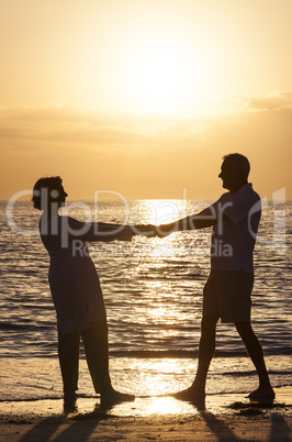 Senior Couple Holding Hands Sunset Tropical Beach