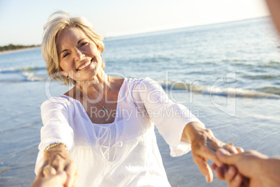 Happy Senior Couple Walking Holding Hands Tropical Beach