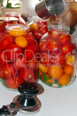 tomatoes in the jars prepared for preservation