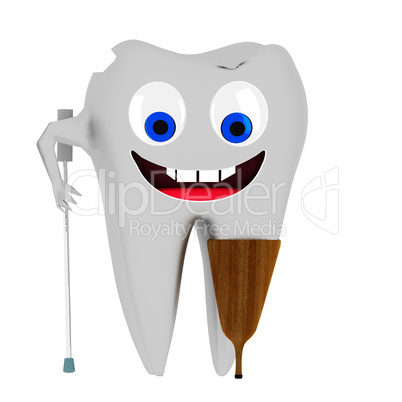Sick tooth with face and wooden prosthesis