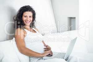 Portrait of attractive pregnant woman using laptop