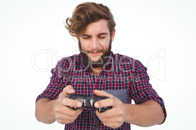Hipster playing video game