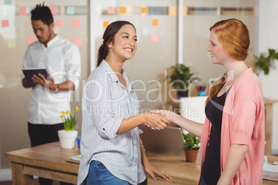 Happy businesswomen shaking hands in office