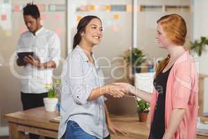 Happy businesswomen shaking hands in office