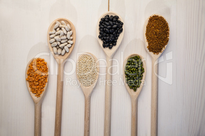 Wooden spoons of pulses and seeds