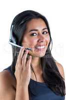 Smiling woman wearing her headset