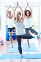 Happy women doing tree pose