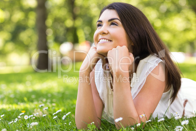 Portrait of pretty cheerful woman lying on grassland
