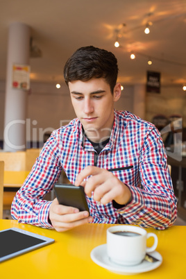 Young man using mobile phone in cafe