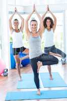 Women doing tree pose in fitness studio