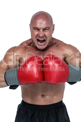 Aggressive fighter flexing muscles in gloves