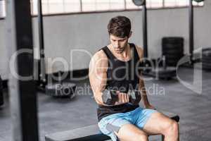 Sporty man exercising with dumbbells