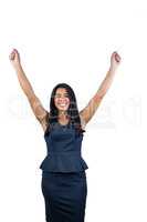 Smiling cute woman with arms raised