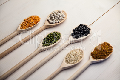 Wooden spoons of pulses and seeds