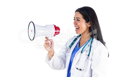 Smiling doctor with a megaphone in her hand