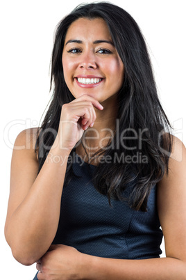 Happy woman with hand on her chin