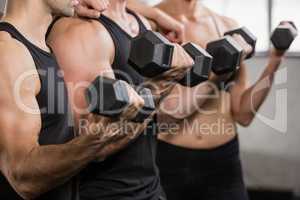 People at gym lifting dumbbell