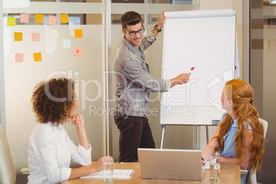 Businessman discussing with female colleagues using whiteboard