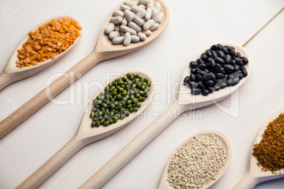 Wooden spoons of pulses and seeds