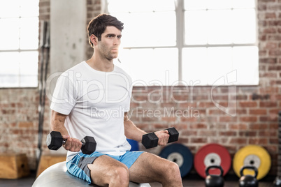 Man sitting on a bossu lifting dumbbells