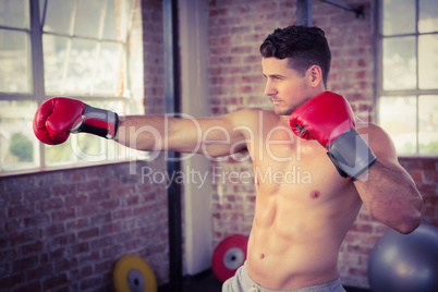 Shirtless man wearing boxing gloves and posing