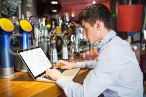 Man using laptop at bar counter