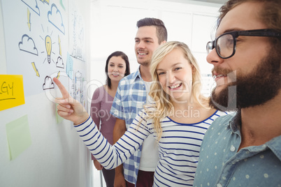 Portrait of smiling woman pointing at wall with sticky notes and