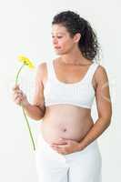 Pregnant woman looking at flower while touching her belly