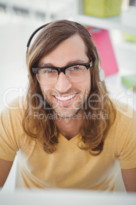 Close-up portrait of hipster wearing headphones