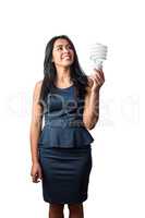 Woman pointing her finger and holding a light bulb
