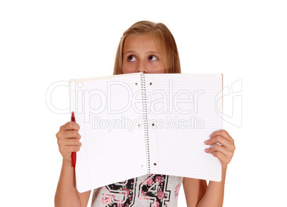 Girl holding folder for face.
