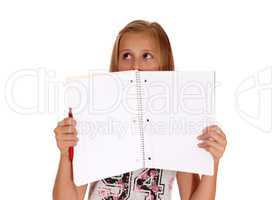 Girl holding folder for face.