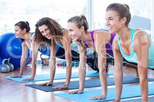 Portrait of woman with friends doing plank pose