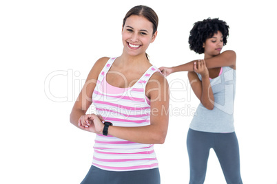 Cheerful woman wearing wristwatch