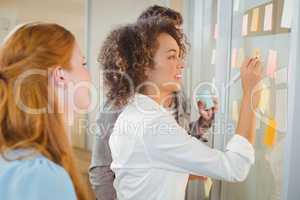 Businesswoman writing on glass as colleagues looking at it