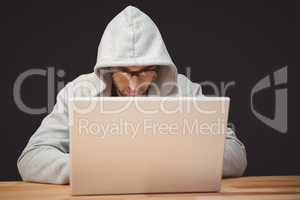 Creative businessman with hooded shirt working on laptop