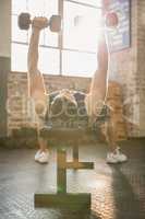 Muscular man lifting dumbbells lying on bench