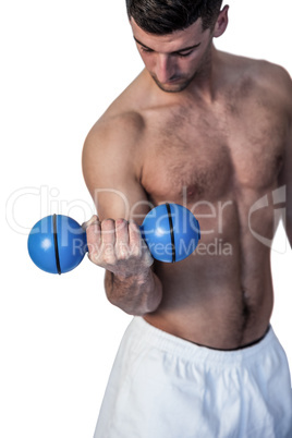 Man lifting blue dumbbell