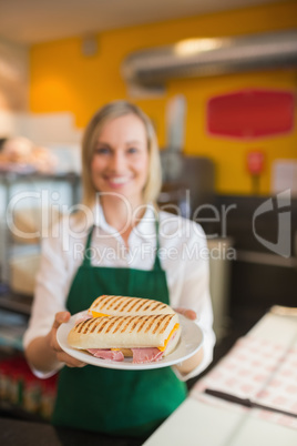 Female shop owner serving sandwich