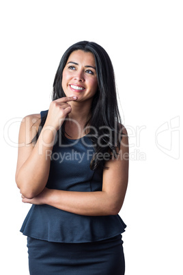 Thinking woman resting her finger on her chin