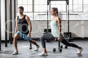 Male trainor with woman using dumbbells exercising