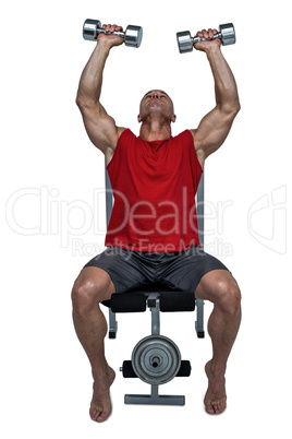 Healthy man lifting dumbbells while sitting on bench press