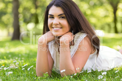 Portrait of pretty cheerful woman lying on grassland