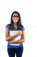 Nerdy woman wearing glasses and holding notes