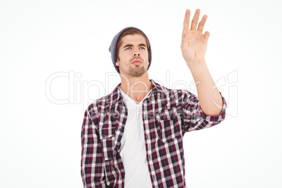 Man gesturing against white background