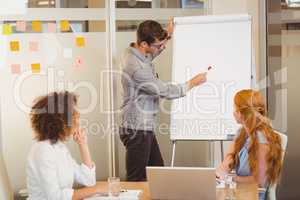 Businessman discussing with female colleagues using whiteboard